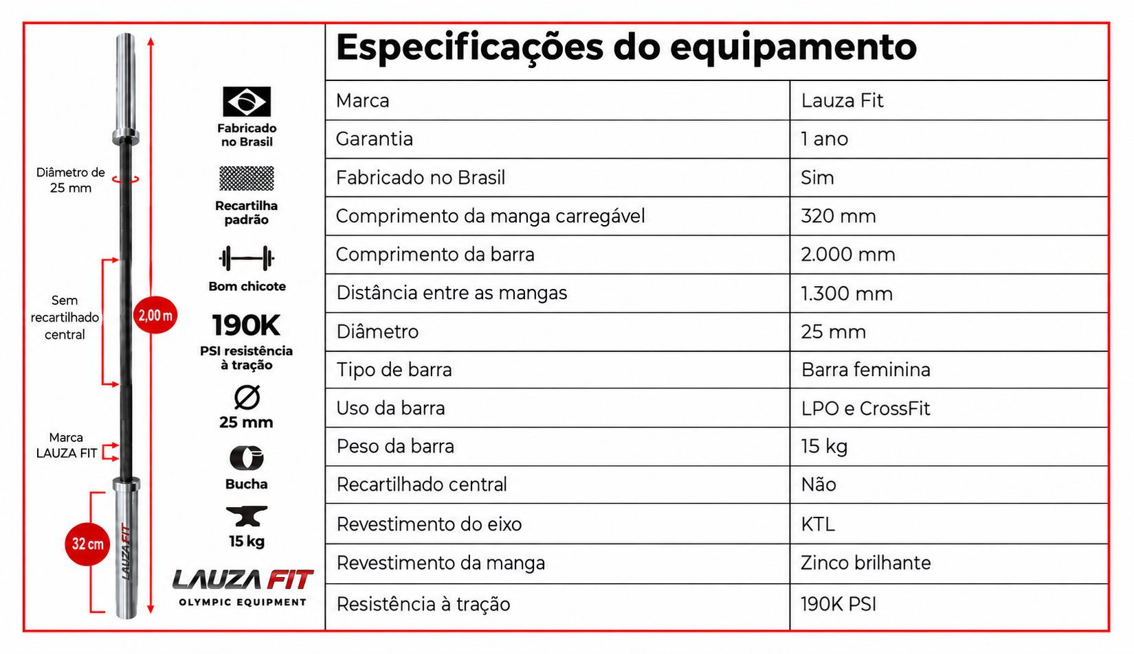 Barra olímpica feminina 15 kg e 2 metros