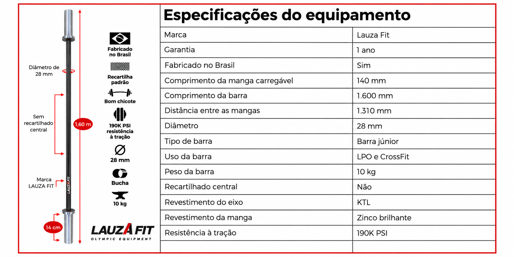 Barra olímpica júnior 10 kg e 1,60 m