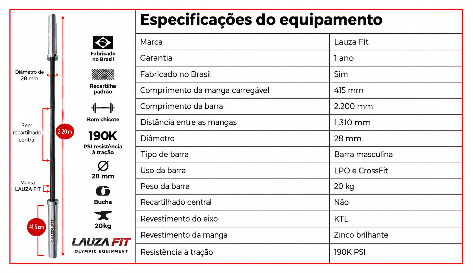 Barra olímpica masculina 20 kg e 2,20 m
